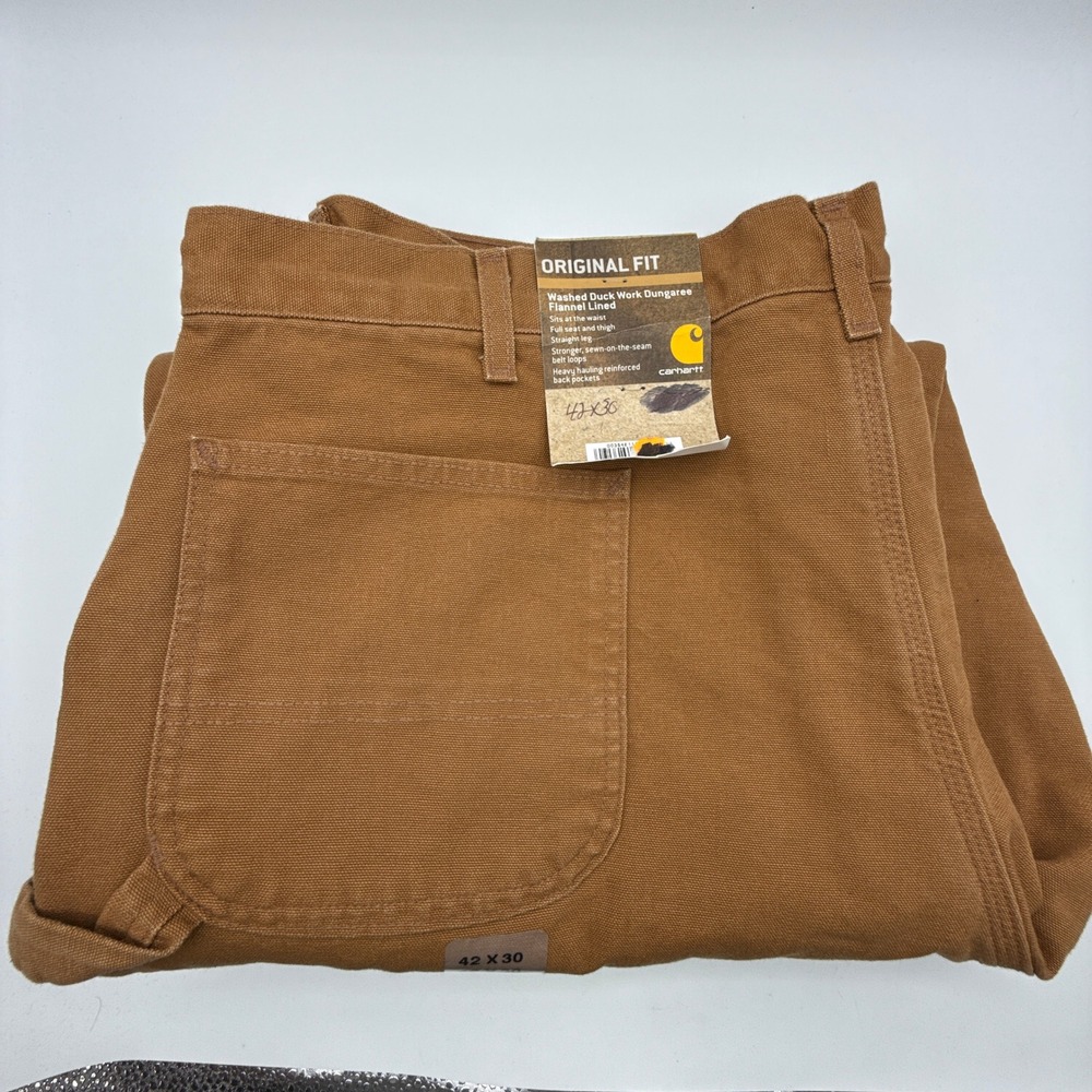 Carhartt‎ B111 BRN Washed Duck Work Dungaree Flannel Lined Brown 42x30 NWT Pants
